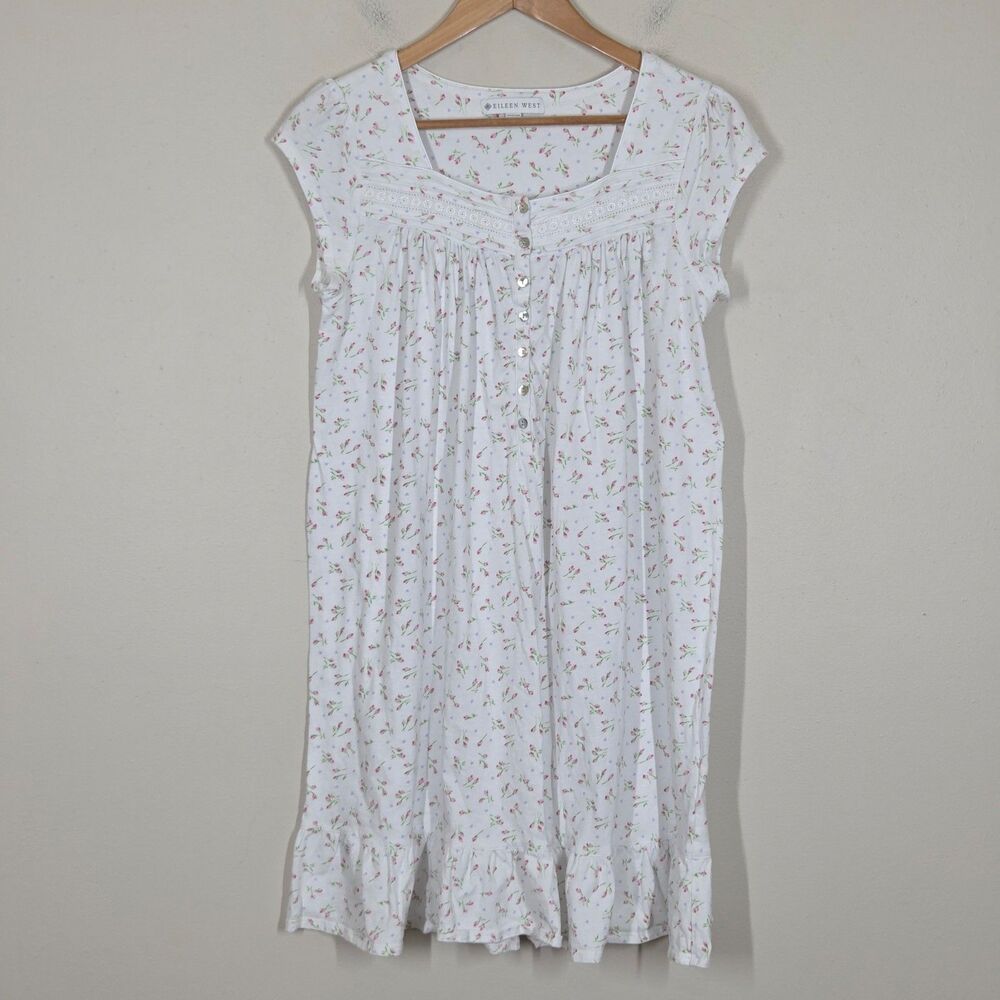 Eileen West White Pink Floral 100% Cotton Knit Short Sleeve Nightgown S Cottage